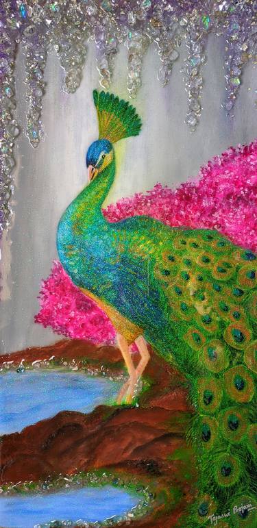 Peacock painting, Resin art, crushed glass art, nature painting thumb