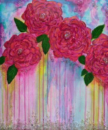 Rose painting, floral painting, resin art, glitter art, crushed glass art, home decor thumb