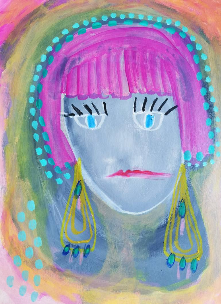 Abstract face painting, Girl with pink hair, quirky wall art ...