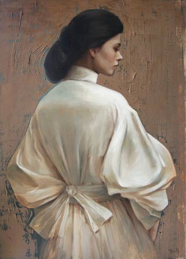 Original oil painting Ivory dress, woman, contemporary thumb