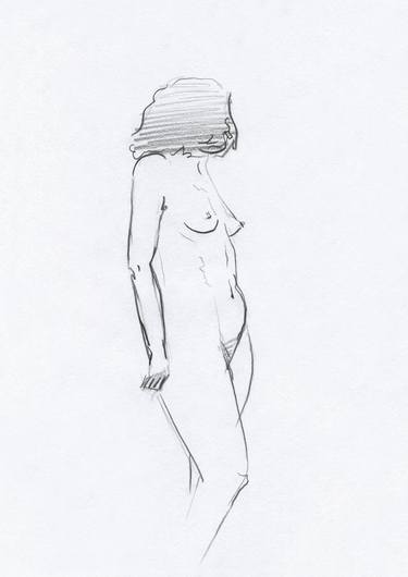 Graphic image for print, life drawing, coal drawing, line drawing naked woman thumb