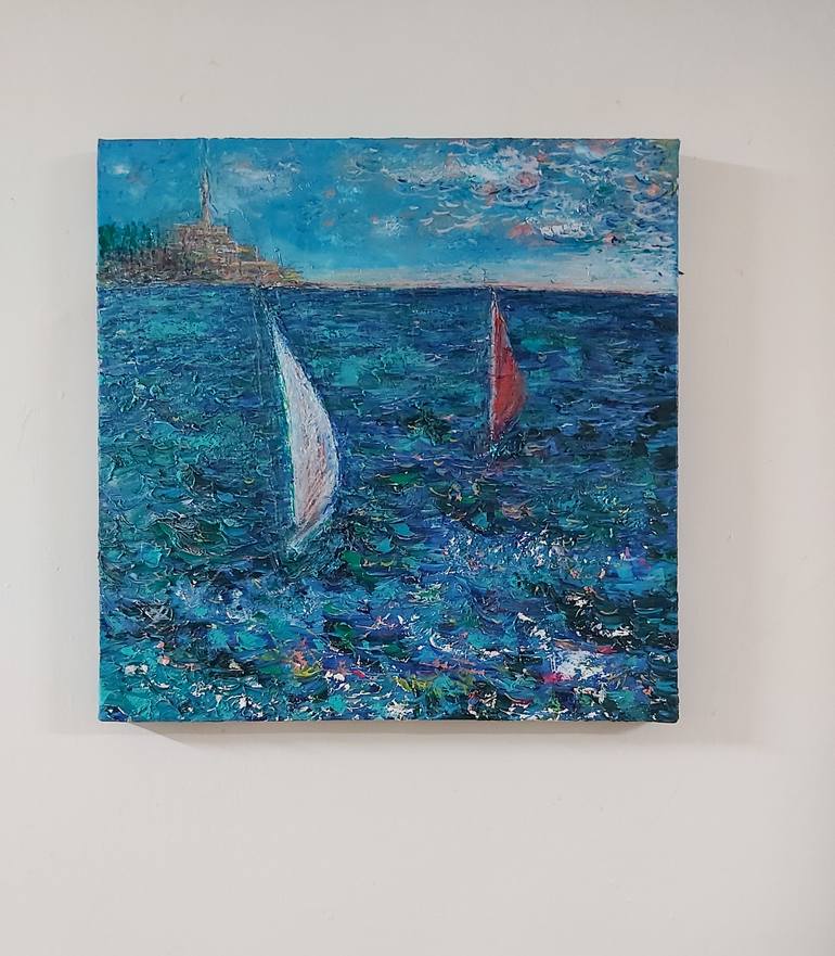 Original Pop Art Boat Painting by Jenny Yusupov