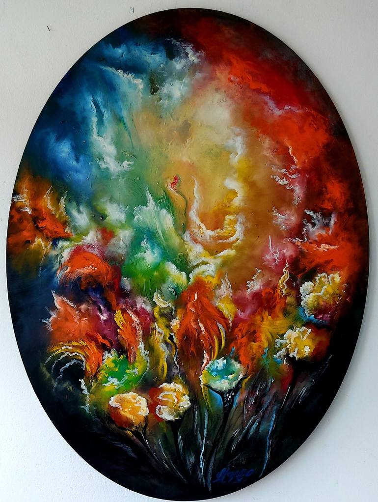 Oval Canvas Floral Painting with Vibrant Colors – The Artwerks