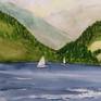 This is an unframed watercolor painting on acid free paper. Lake Thun with its lush green scenery in the backdrop depicts the play of sun on its vibrant waters - changing color with every passing cloud. The white sail boats and the motor boats capture the essence of summer fun on this pristine and beautiful lake.
