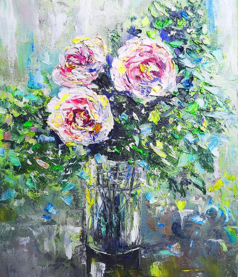 Pink white roses. Painting by Tatjana Obuhova | Saatchi Art