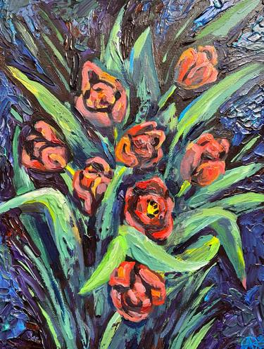 Red tulips - impressionistic acrylic painting on cardboard thumb