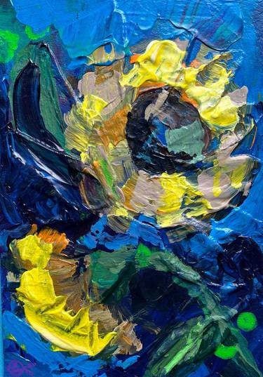 Sunlower on Blue - impressionistic acrylics on cardboard thumb