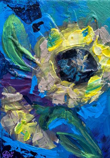 Sunflowers on blue - impressionistic acrylics on canvas thumb