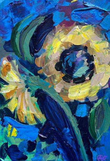 Sunflowers on blue - impressionistic acrylics on paper thumb