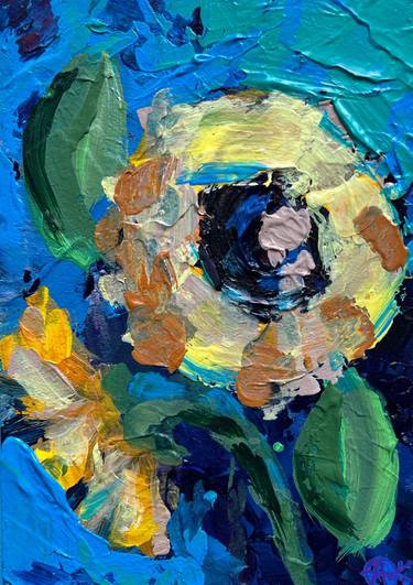 Sunflowers on Blue - impressionistic acrylics on cardboard thumb