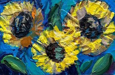 Sunflowers on Blue - impressionistic acrylics on cardboard thumb