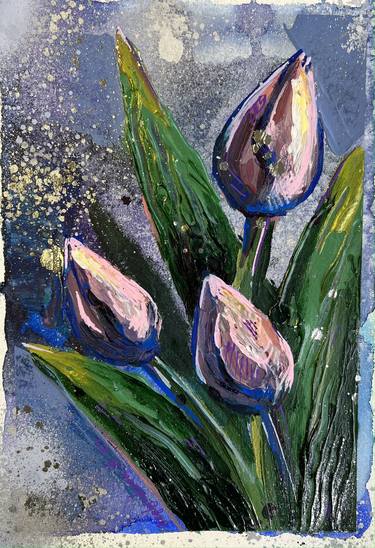 Tulips on violet -acrylics on paper. thumb