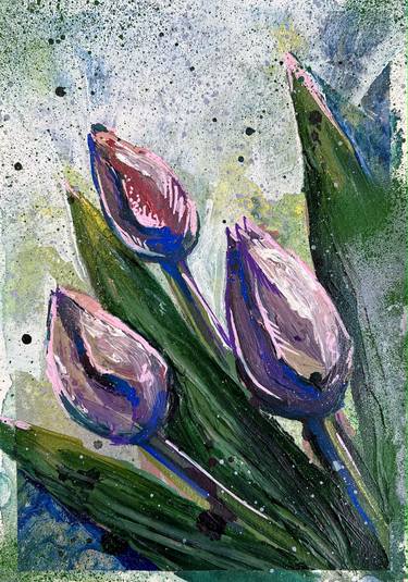 Tulips on white - impressionistic acrylic art on paper thumb