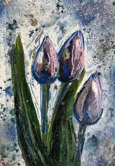 Tulips on blue - impressionistic acrylics on paper thumb