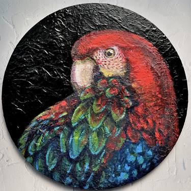 Ara Parrot - impressionistic acrylics on round canvas thumb