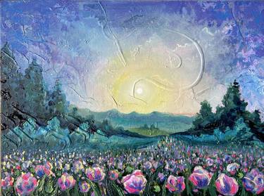 Sunset above blooming field - impressionistic acrylics on canvas. thumb