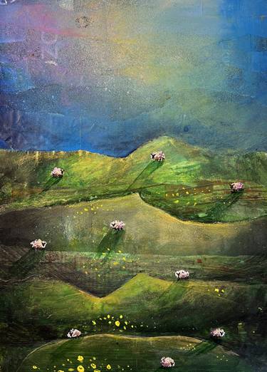 Homeland - collage wit mountain landscape and tiny sheep thumb
