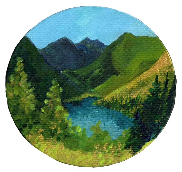 Abstract Landscape, Summer In The Mountains, Acrylic Painting on Oval Canvas, 2024 Original Abstract Painting, Mountain Wall Art