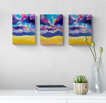 ZAKAT - 3 piece  mini canvas painting, mountains, fields artwork thumb