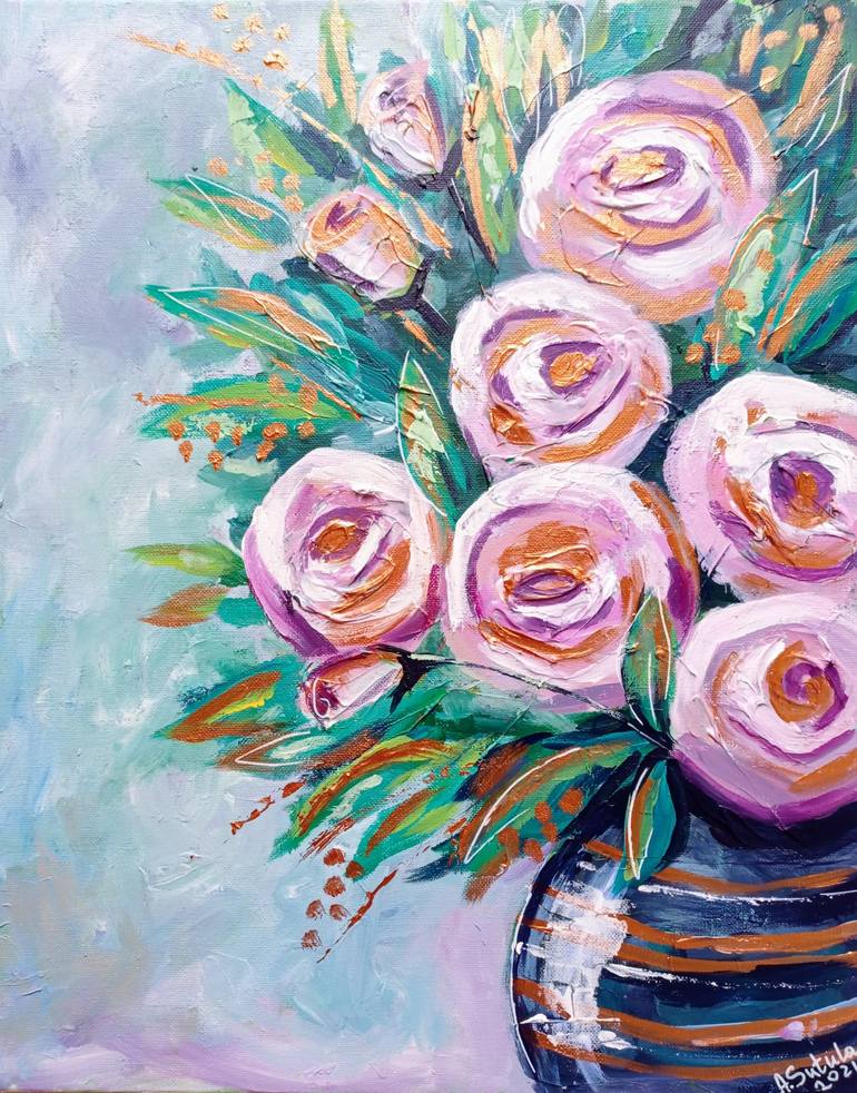 Pastel Roses With Gold Painting by Anastasiia Sutula