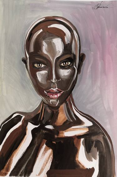 Naomi Campbell black model woman face glossy leather alopecia no hair thumb