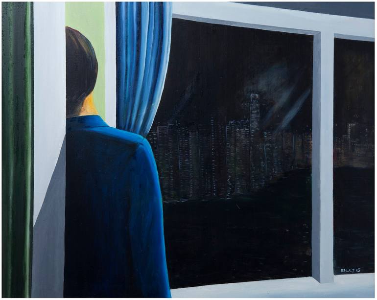 Original Men Painting by Ransoo Kim | Portraiture Art on Canvas | A man looking at the night view