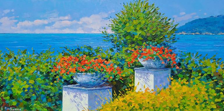 Original Seascape Painting by Susanna Montagnino | Impressionism Art on Canvas | Geraniums in the sun