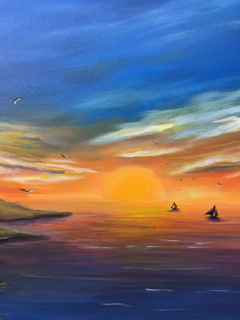 Acrylic painting «Sea bay at sunset», 2020 г., Cypriot artist, canvas ...