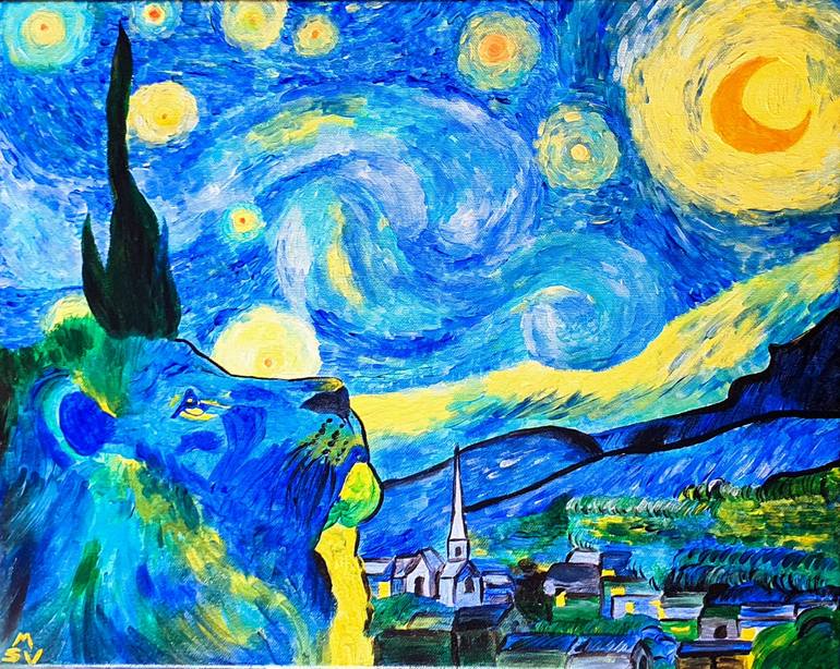 Original Fantasy Painting by Maria Sabrina Viviani | Art Deco Art on Canvas | Lion in the starry night