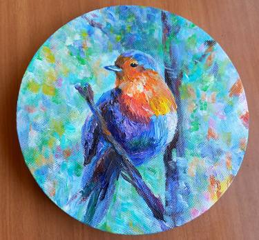 Bird Original Acrylic Round Painting on Canvas by Veronika Zubareva thumb