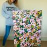 This art work was inspired by the perfect balance of warm and cold colours. The dark green with the salmon pink gives you the impression to be in a jungle, yet the piece gives a playful touch to every room.