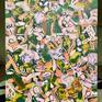 This art work was inspired by the perfect balance of warm and cold colours. The dark green with the salmon pink gives you the impression to be in a jungle, yet the piece gives a playful touch to every room.