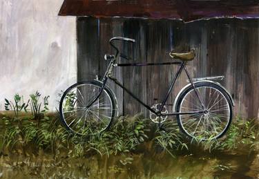 "Bicycle" simple lyrical plot. Muted colors, detailed grass. Realism thumb
