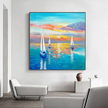 Sunrise Seascape painting with sail boats, Sailboat painting thumb