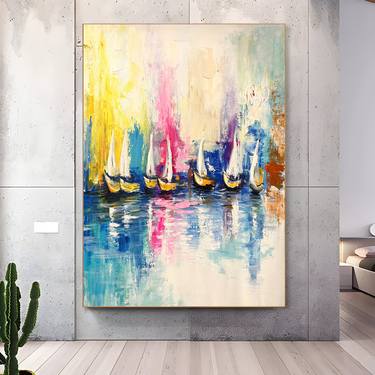 Original handmade painting of seascape with sail boats thumb