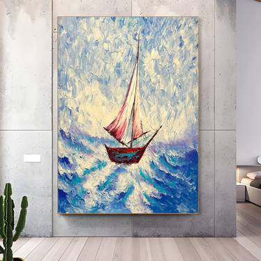 Sailboat Painting, Abstract Seascape painting for large wall thumb