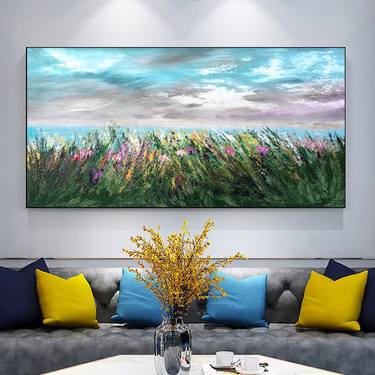 Blue horsetail grass oil painting, Landscape abstract wall art thumb