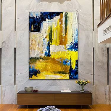Yellow and Blue Colour Impasto Artwork, Abstract Painting LV128 thumb