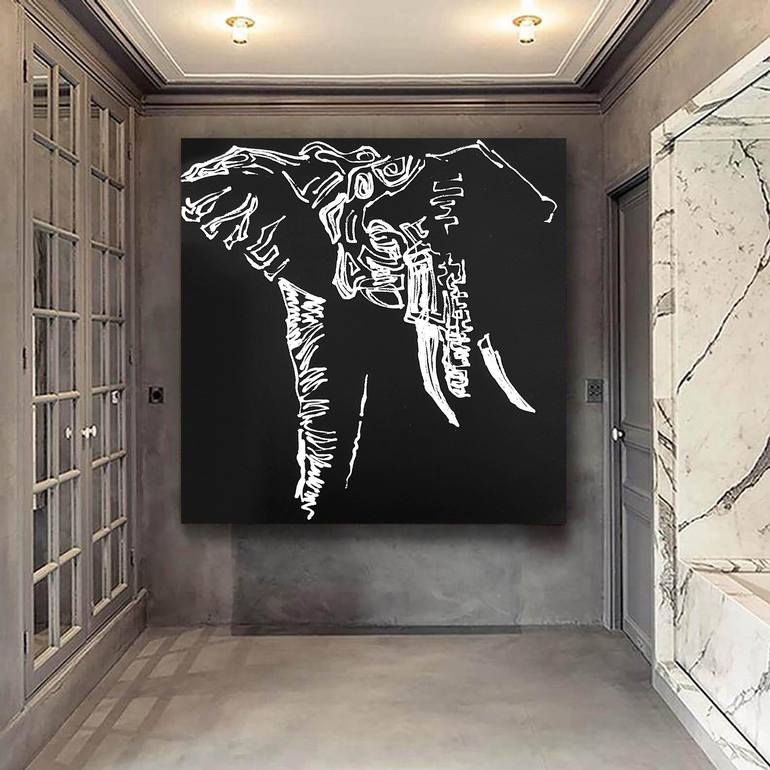 Elephant painting with acrylic and oil paint on black canvas Modern  Abstract Art - Oversized Paintings on Canvas, Large Office Wall Art , Large