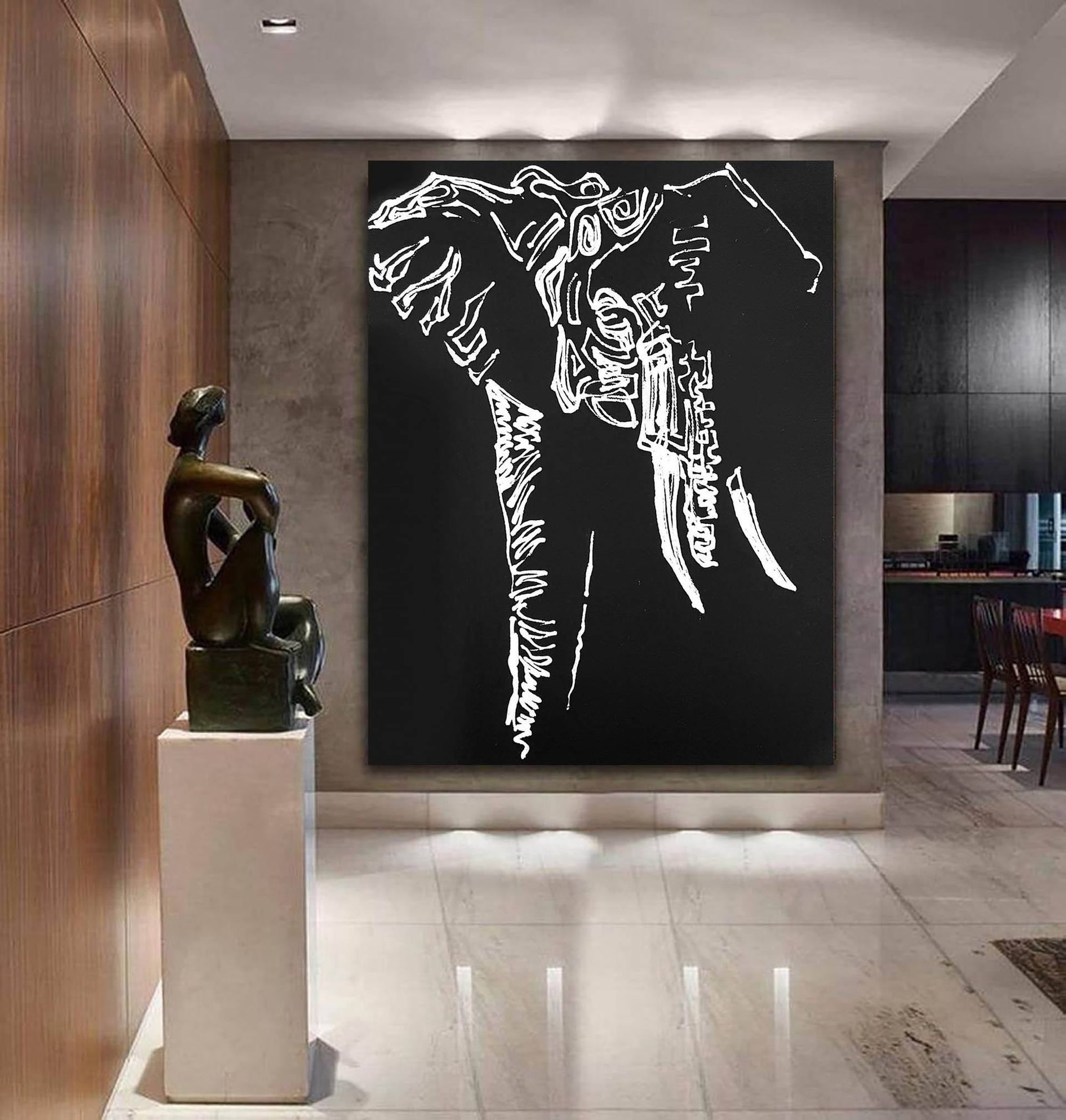 Elephant painting with acrylic and oil paint on black canvas Modern  Abstract Art - Oversized Paintings on Canvas, Large Office Wall Art , Large