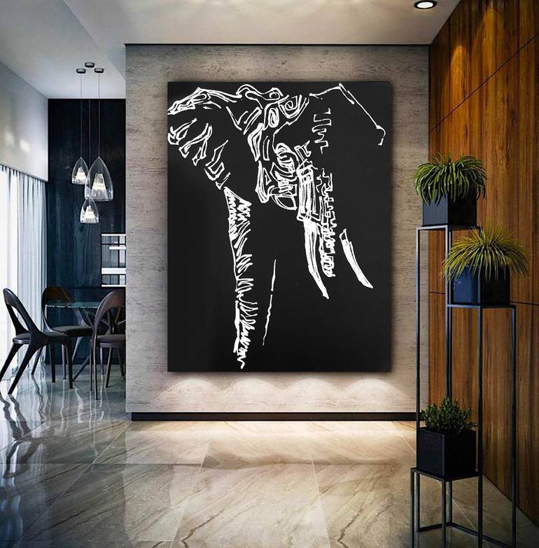 Elephant painting with acrylic and oil paint on black canvas Modern  Abstract Art - Oversized Paintings on Canvas, Large Office Wall Art , Large