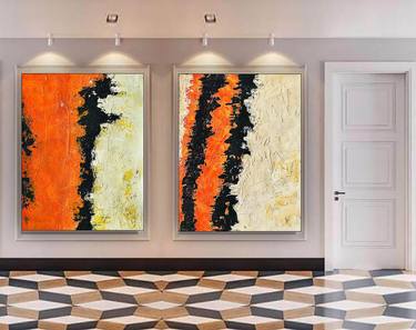 Abstract Canvas Original Paintings, White & Orange artwork LV-146 Painting  by Kal Soom