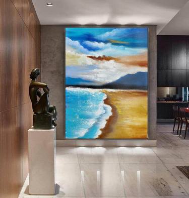 Original Oil Painting on Canvas Sea Landscape Painting,Large Wall Sky Sea Painting,Sea Level Painting Of Sunrise Landscape Large Wall Art thumb