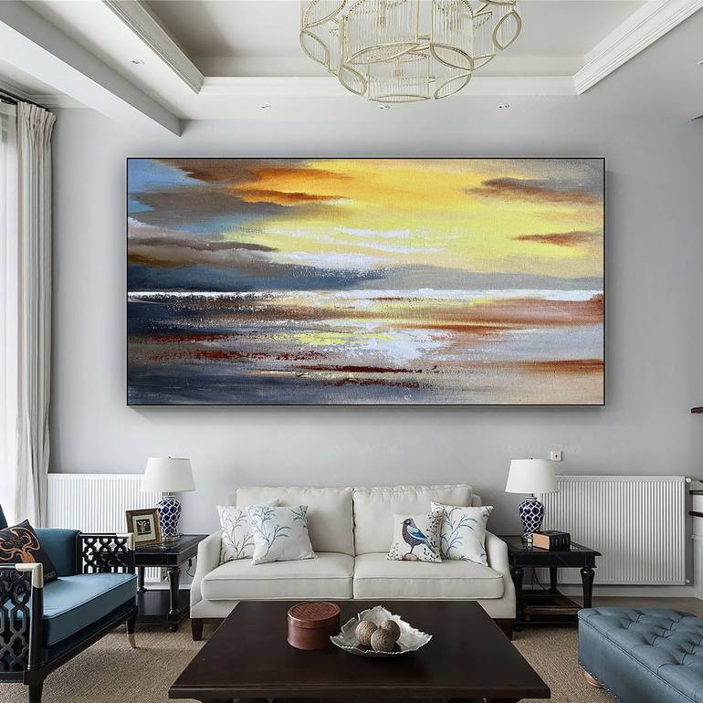Original Oil Painting on Canvas Sea Landscape Painting,Large Wall Sky Sea  Painting,Sea Level Painting Of Sunrise Landscape Large Wall Art Painting by  Kal Soom