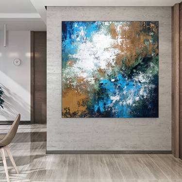 Blue & Gold Abstract Texture Painting on Canvas AH105 thumb