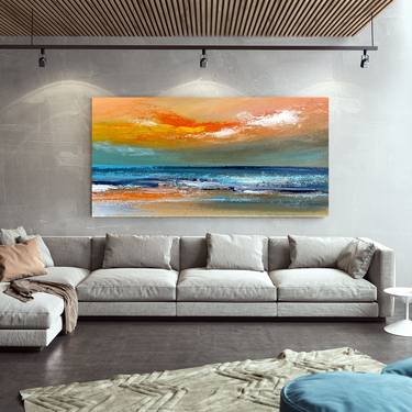 Seascape Painting with Sunrise, Ocean Artwork with Sunset G187 thumb