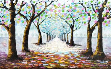 Large Hand-Painted Autumn Avenue, Forest Tree Wall Art PS4 thumb