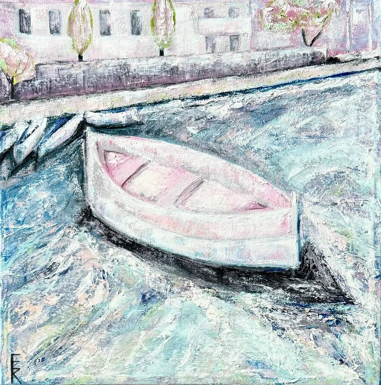 Original Boat Painting by Klimovich Eleonora | Contemporary Art on Canvas | Early sunset over the white boat