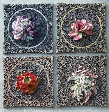 Frivolite * 60x60 cm multi panels artwork * Sculpture painting flowers from plaster * Carving * 2019 thumb