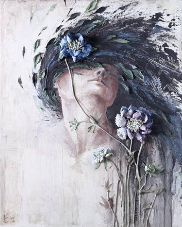 FLORAL WIND  * Sculpture painting * Reinforced acryl * Palette knife * flower * girl * thumb